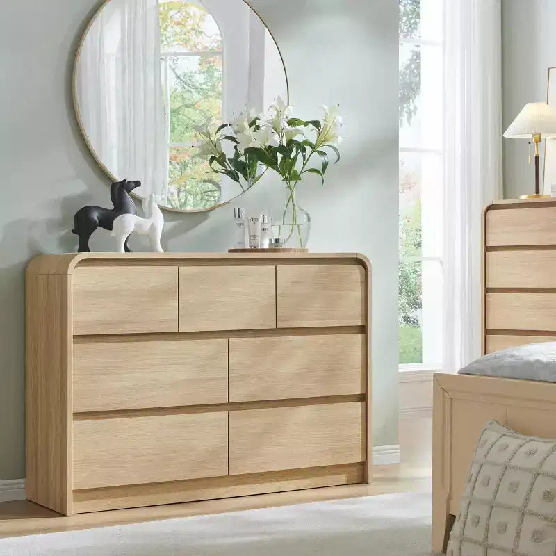 Commode Moderne à 7 Tiroirs, 120 cm de Large, avec Profil Courbé, Texture Naturelle pour Chambre, Salon