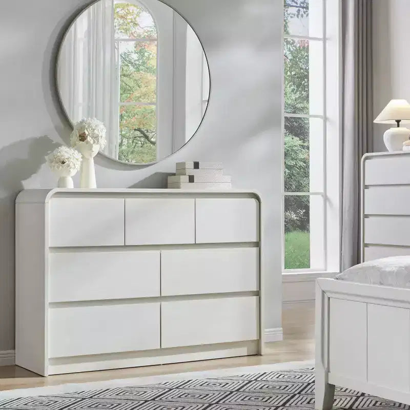 Commode Moderne à 7 Tiroirs, 120 cm de Large, avec Profil Courbé, Texture Naturelle pour Chambre, Salon