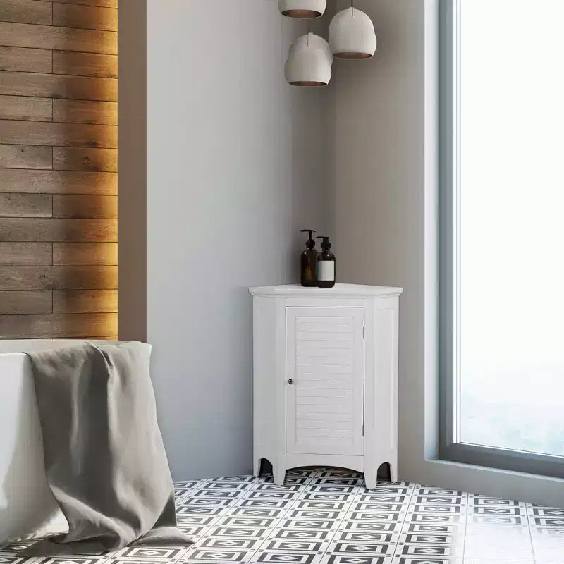 Teamson Home Glancy Wooden Freestanding Corner Floor Cabinet with Faux Louvered Door, White