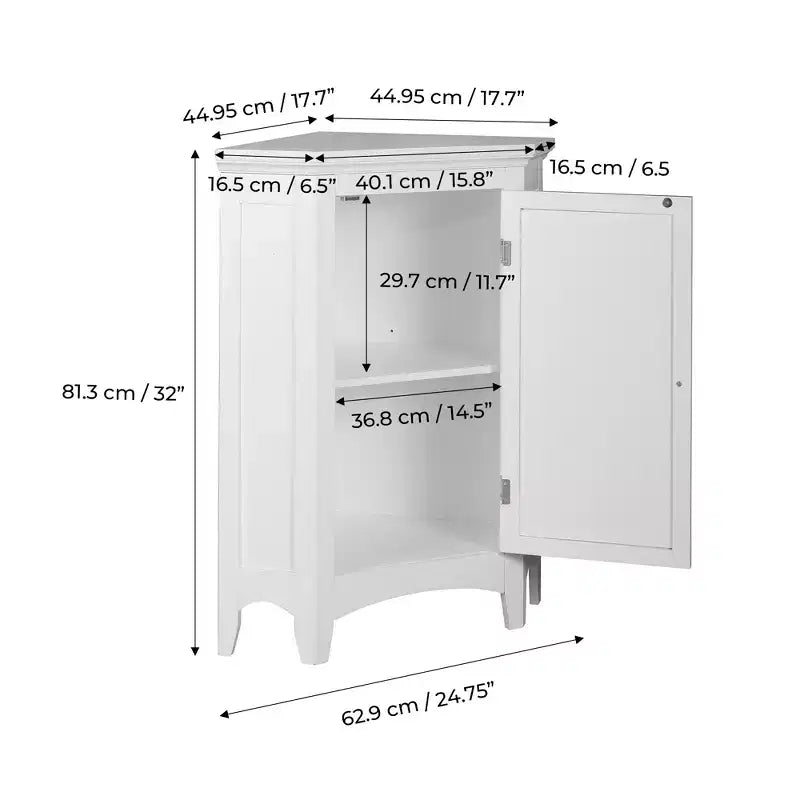Meuble d'angle de sol en bois sur pied avec porte à persiennes factices, blanc