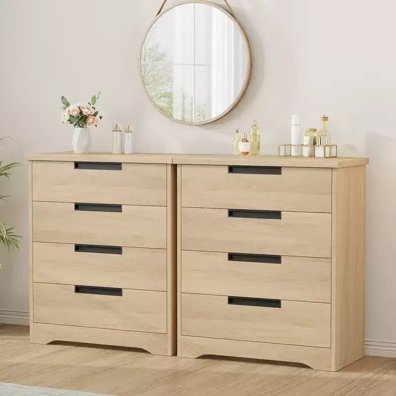 Commode à 4 tiroirs pour chambre à coucher, commode en bois naturel avec poignées encastrées, meuble de rangement en bois pour salon, chambre d'enfant, entrée