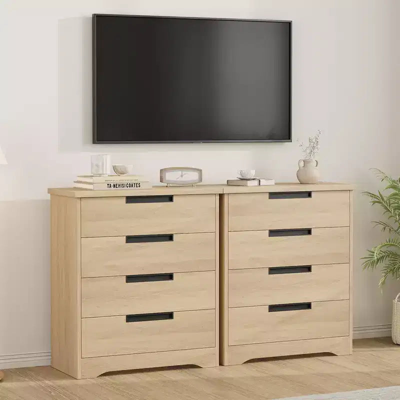 Commode à 4 tiroirs pour chambre à coucher, commode en bois naturel avec poignées encastrées, meuble de rangement en bois pour salon, chambre d'enfant, entrée