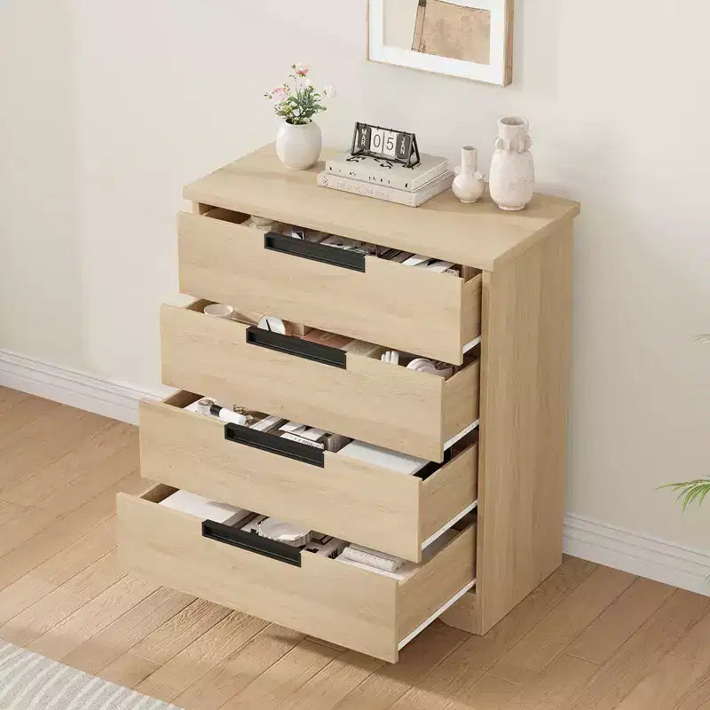 Commode à 4 tiroirs pour chambre à coucher, commode en bois naturel avec poignées encastrées, meuble de rangement en bois pour salon, chambre d'enfant, entrée