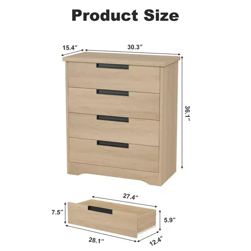 Commode à 4 tiroirs pour chambre à coucher, commode en bois naturel avec poignées encastrées, meuble de rangement en bois pour salon, chambre d'enfant, entrée