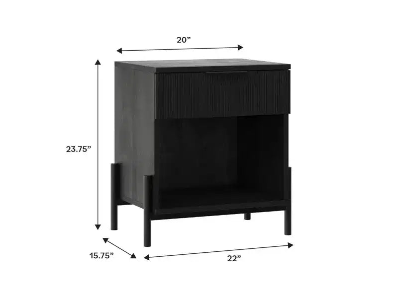 Table de chevet moderne avec tiroir cannelé, niche ouverte et pieds en métal