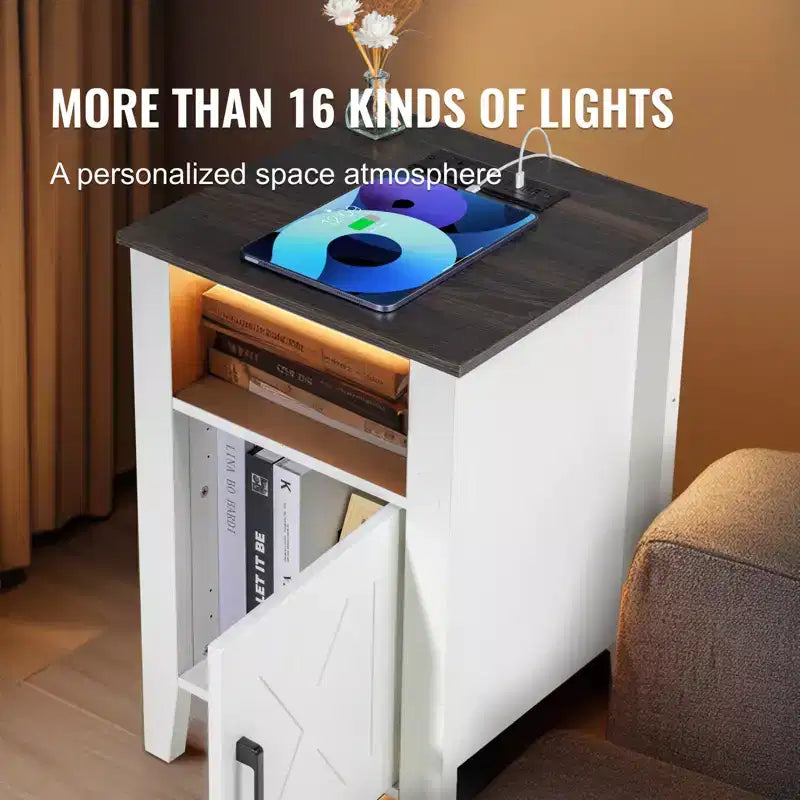 Table de chevet rustique avec station de recharge, table d'appoint à 3 niveaux avec meuble de rangement, table d'appoint avec ports USB et prises de courant