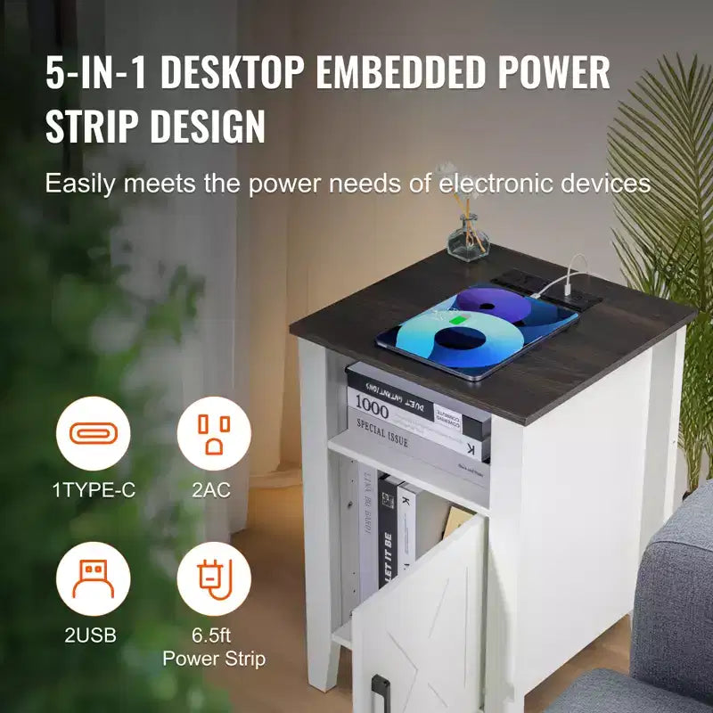 Table de chevet rustique avec station de recharge, table d'appoint à 3 niveaux avec meuble de rangement, table d'appoint avec ports USB et prises de courant