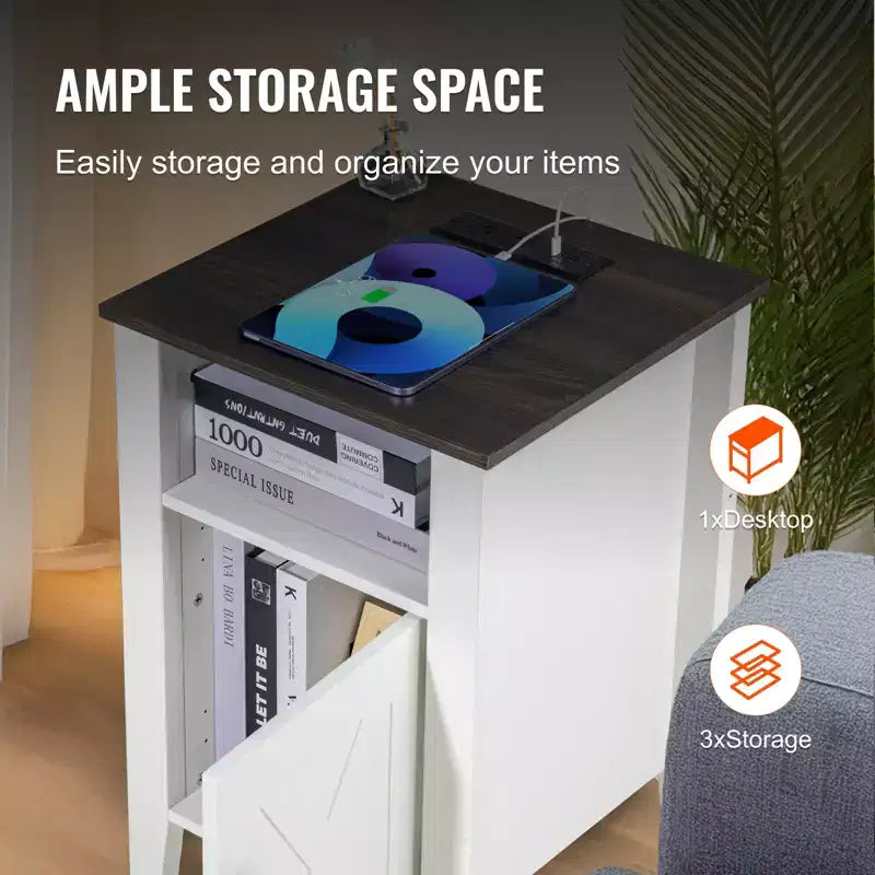 Table de chevet rustique avec station de recharge, table d'appoint à 3 niveaux avec meuble de rangement, table d'appoint avec ports USB et prises de courant