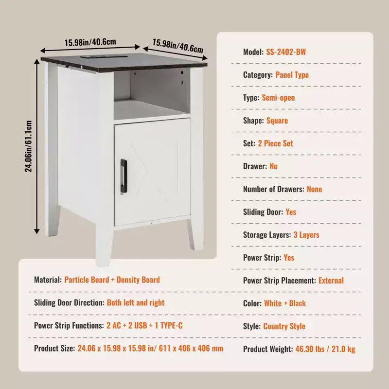 Table de chevet rustique avec station de recharge, table d'appoint à 3 niveaux avec meuble de rangement, table d'appoint avec ports USB et prises de courant