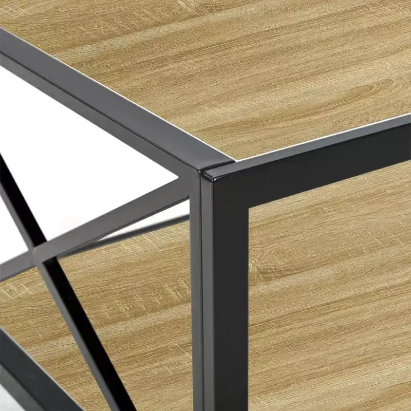Table basse industrielle, table de salon, table d'appoint avec plateau en verre trempé et grain de bois