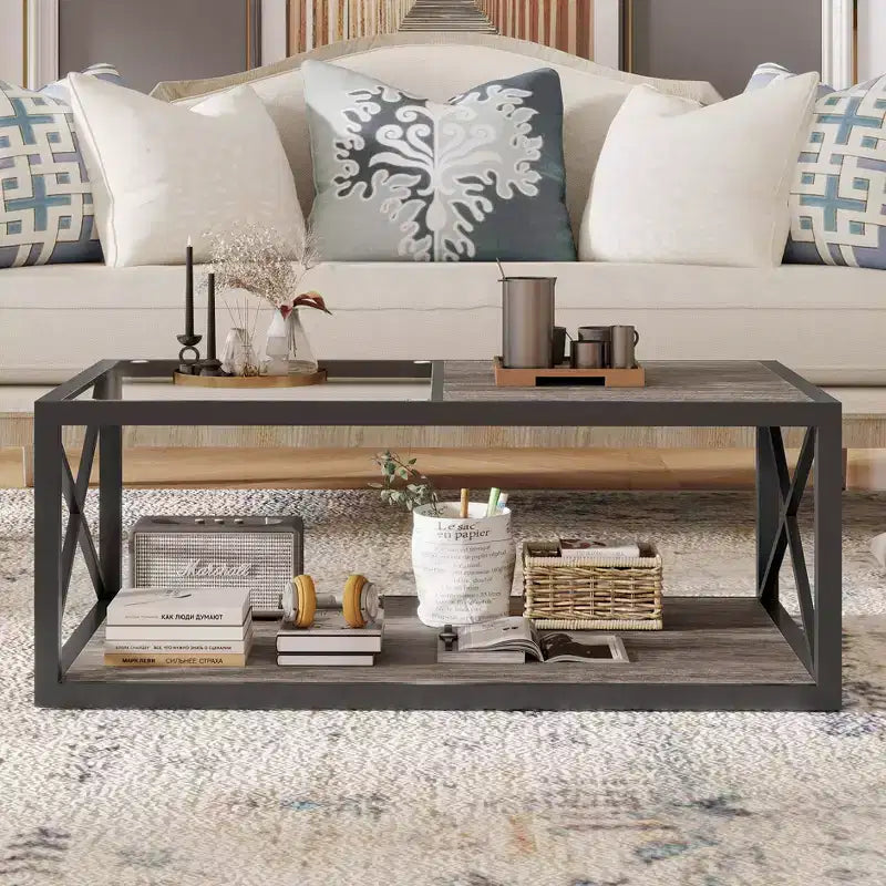 Table basse industrielle, table de salon, table d'appoint avec plateau en verre trempé et grain de bois