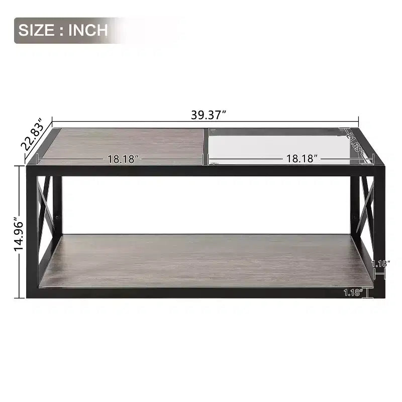 Table basse industrielle, table de salon, table d'appoint avec plateau en verre trempé et grain de bois