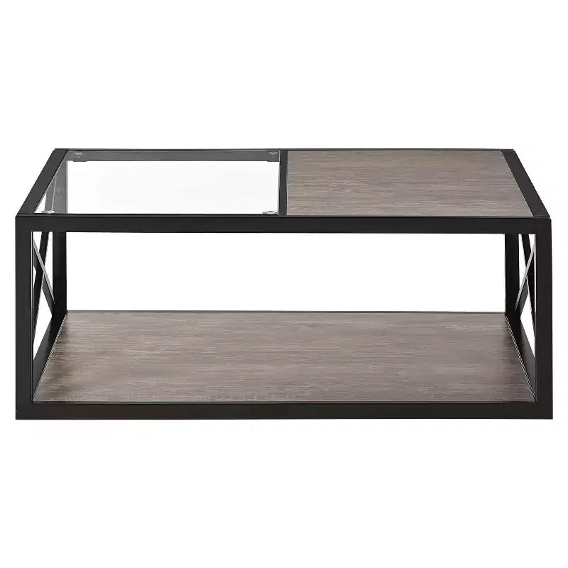Table basse industrielle, table de salon, table d'appoint avec plateau en verre trempé et grain de bois