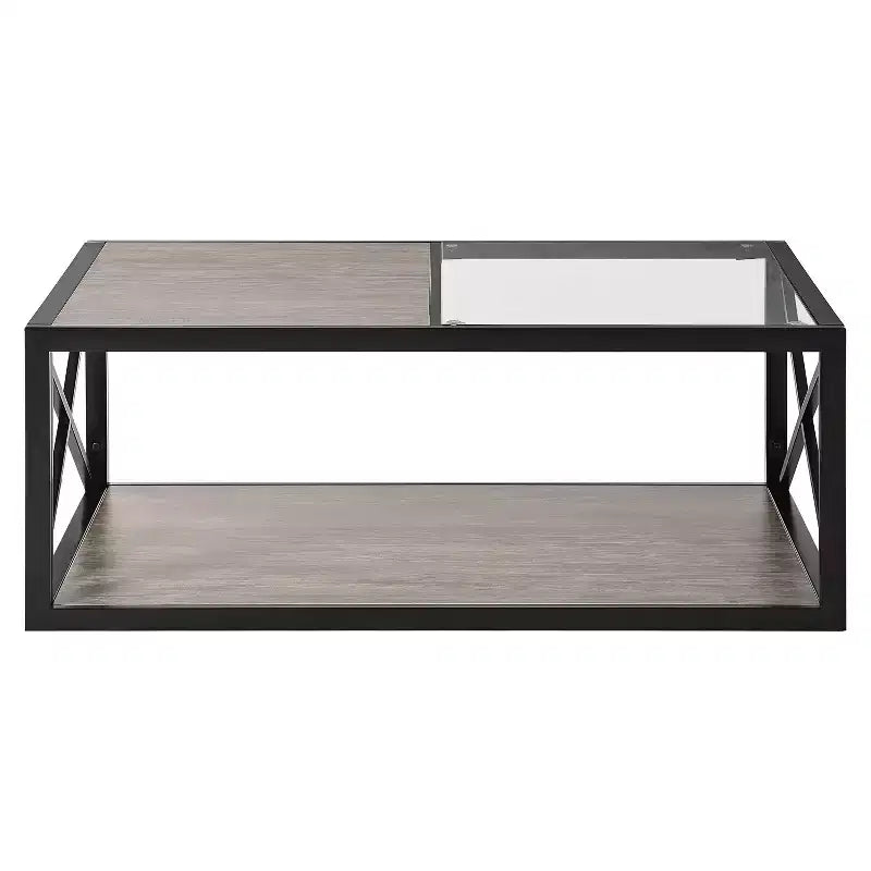 Table basse industrielle, table de salon, table d'appoint avec plateau en verre trempé et grain de bois