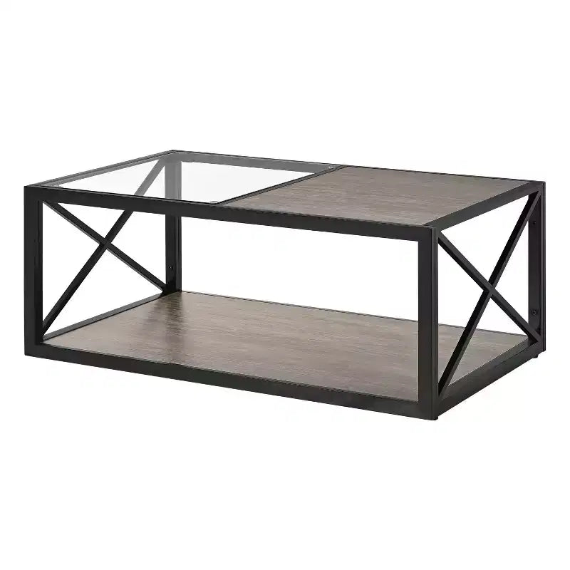 Table basse industrielle, table de salon, table d'appoint avec plateau en verre trempé et grain de bois