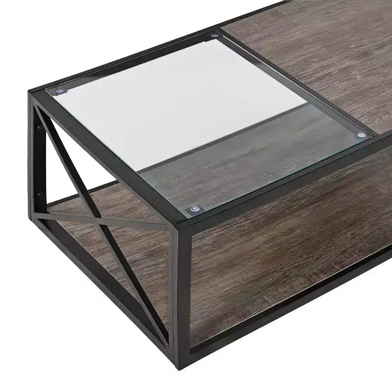 Table basse industrielle, table de salon, table d'appoint avec plateau en verre trempé et grain de bois