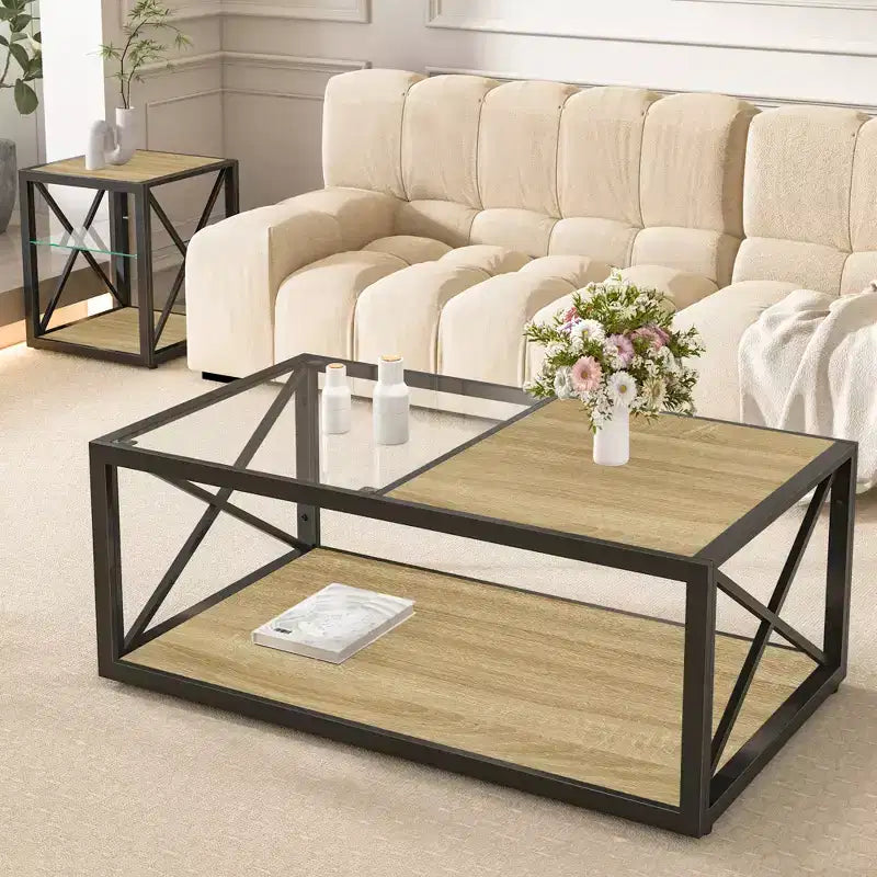 Table basse industrielle, table de salon, table d'appoint avec plateau en verre trempé et grain de bois