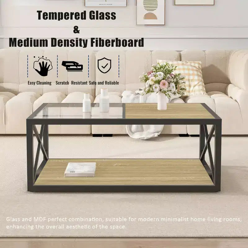 Table basse industrielle, table de salon, table d'appoint avec plateau en verre trempé et grain de bois