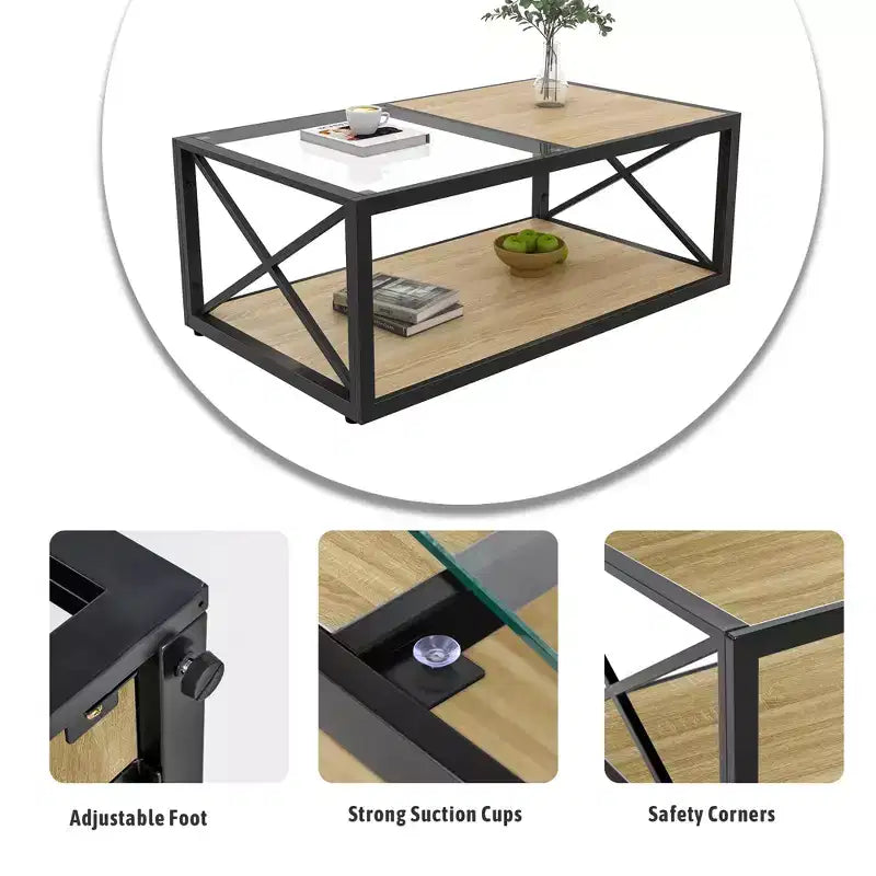 Table basse industrielle, table de salon, table d'appoint avec plateau en verre trempé et grain de bois