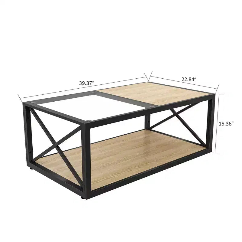 Table basse industrielle, table de salon, table d'appoint avec plateau en verre trempé et grain de bois