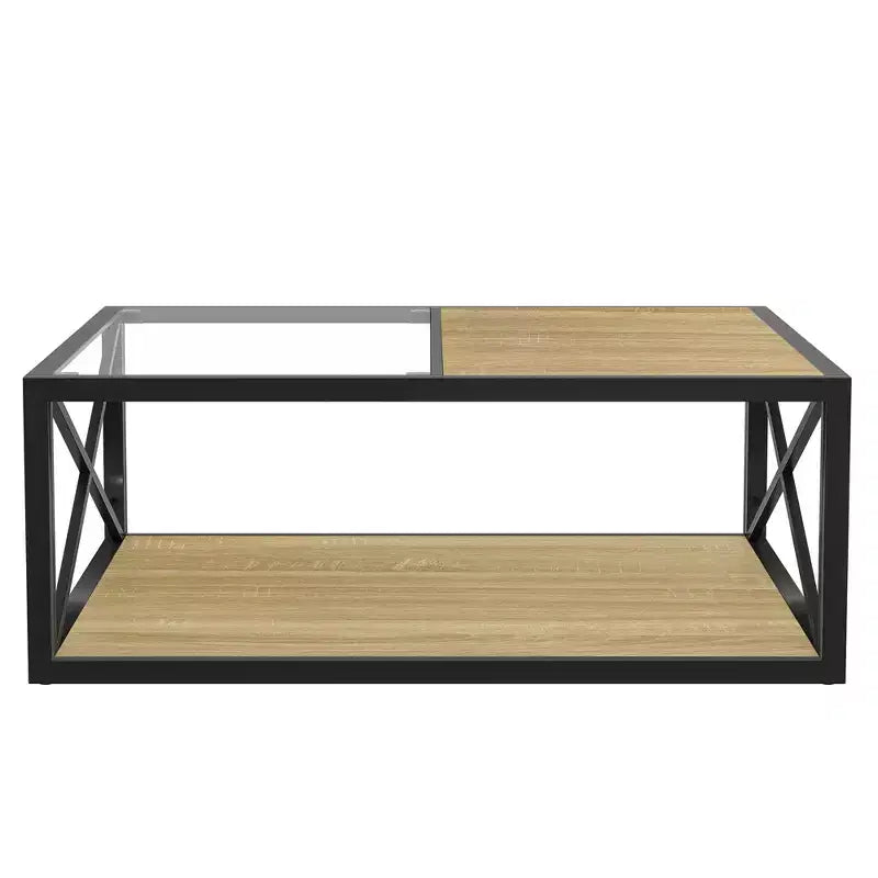 Table basse industrielle, table de salon, table d'appoint avec plateau en verre trempé et grain de bois