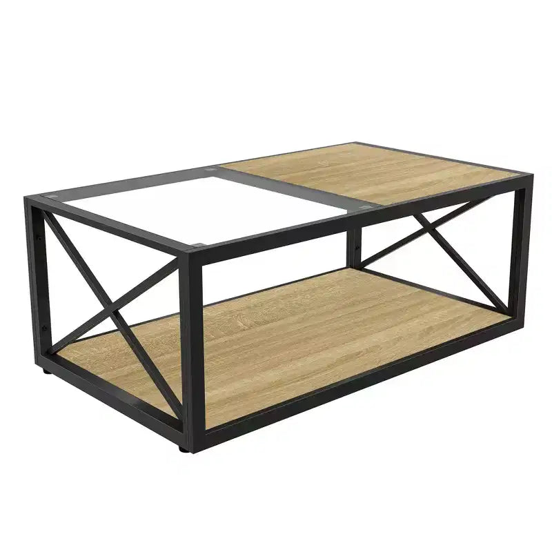 Table basse industrielle, table de salon, table d'appoint avec plateau en verre trempé et grain de bois
