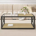 Industrial Coffee Table Cocktail Table Center Table with Tempered Glass&Wood Grain Top-ModernLuxe