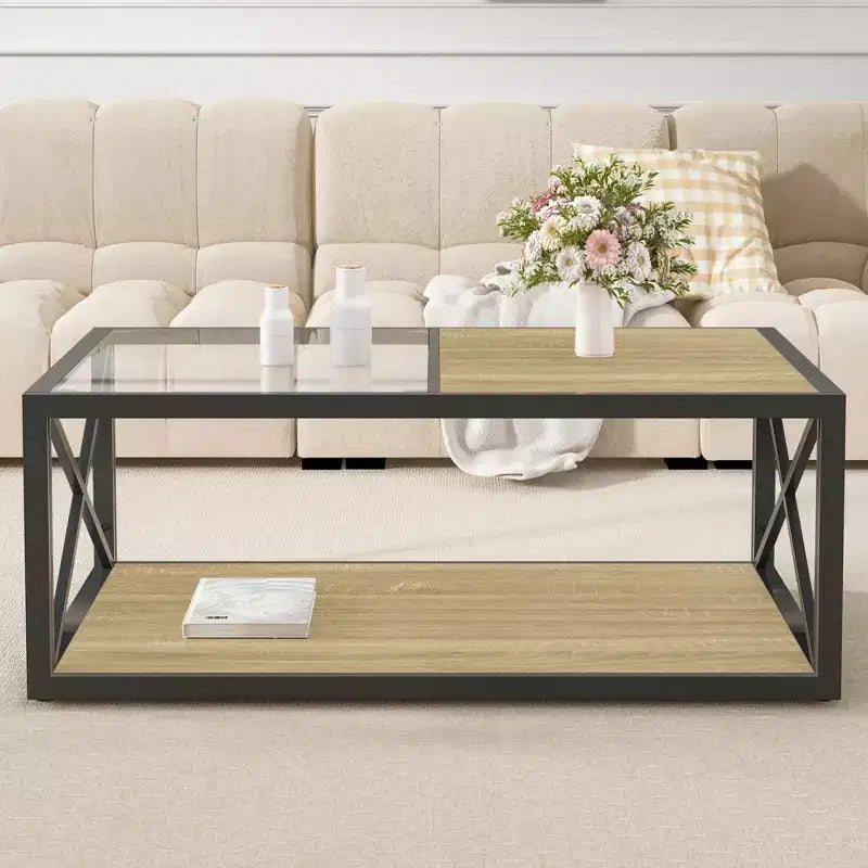 Industrial Coffee Table Cocktail Table Center Table with Tempered Glass&Wood Grain Top-ModernLuxe