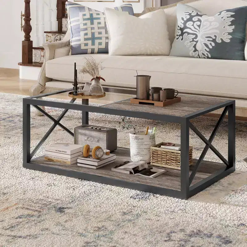 Table basse industrielle, table de salon, table d'appoint avec plateau en verre trempé et grain de bois