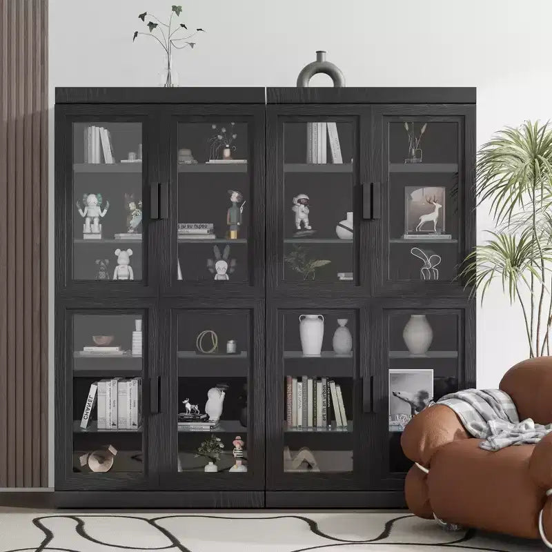 Meuble de rangement décoratif/vitrine en verre noir et grain de bois de 62 po, avec suffisamment d'espace pour 12 étagères