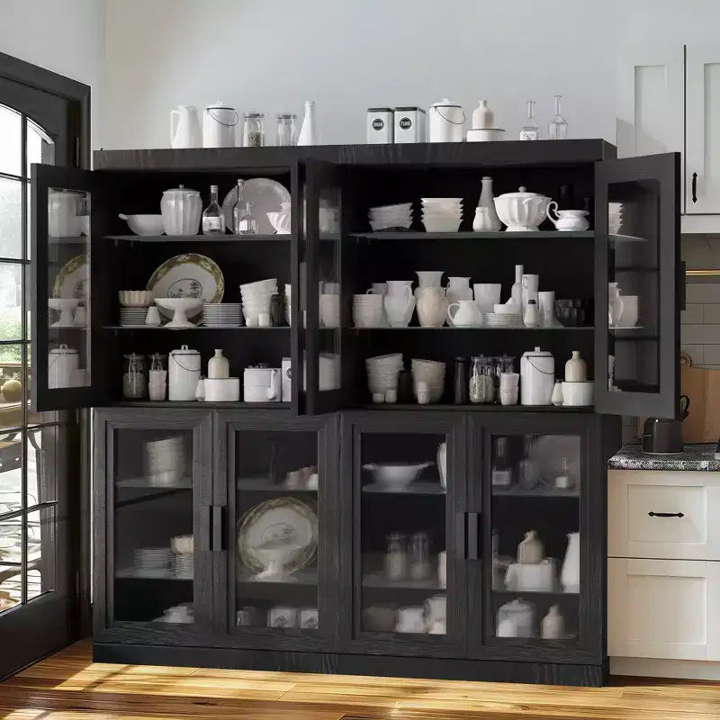 Meuble de rangement décoratif/vitrine en verre noir et grain de bois de 62 po, avec suffisamment d'espace pour 12 étagères