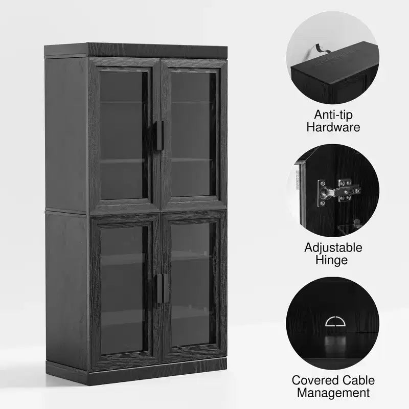 Meuble de rangement décoratif/vitrine en verre noir et grain de bois de 62 po, avec suffisamment d'espace pour 12 étagères