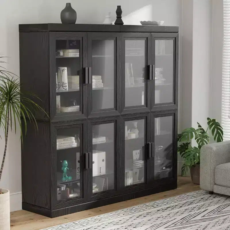62 High Black Glass Door Wood Grain Decorative Storage Cabinet Display Cabinet, with Sufficient Space for 12 Shelves