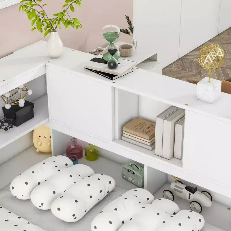 Cadre de lit plateforme pleine grandeur avec bibliothèques en L, lit au sol de rangement pour chambre d'enfant