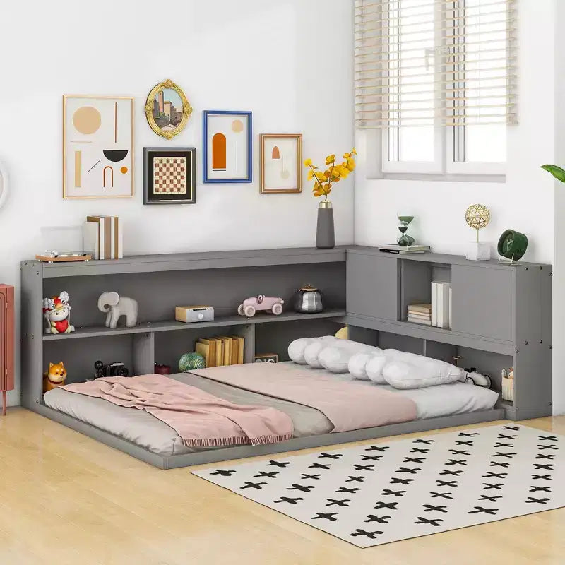 Cadre de lit plateforme pleine grandeur avec bibliothèques en L, lit au sol de rangement pour chambre d'enfant