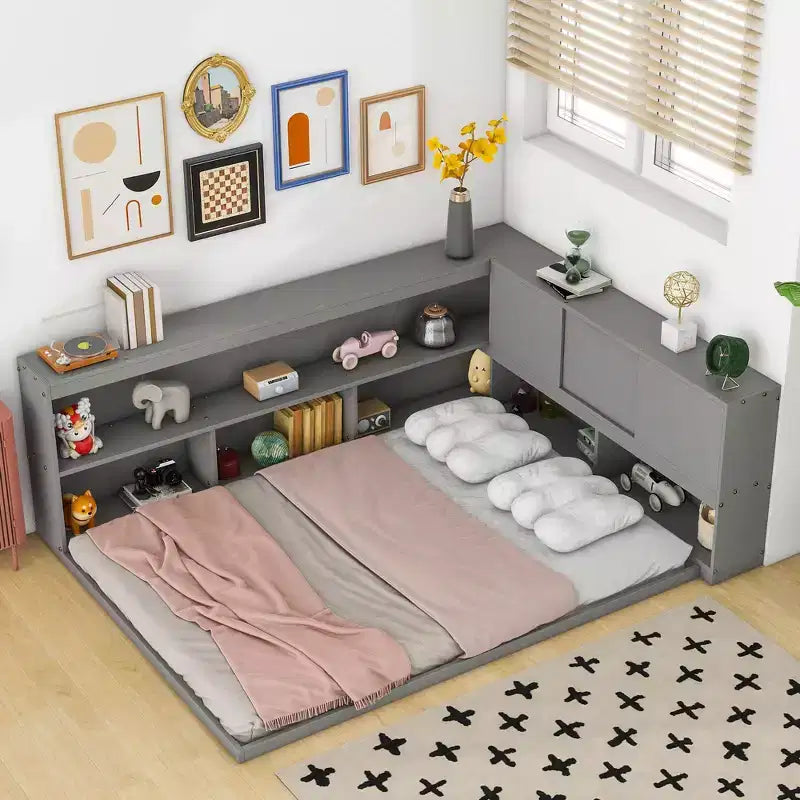 Cadre de lit plateforme pleine grandeur avec bibliothèques en L, lit au sol de rangement pour chambre d'enfant