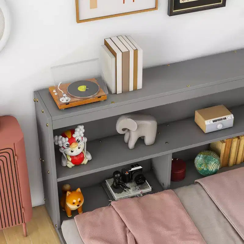 Cadre de lit plateforme pleine grandeur avec bibliothèques en L, lit au sol de rangement pour chambre d'enfant