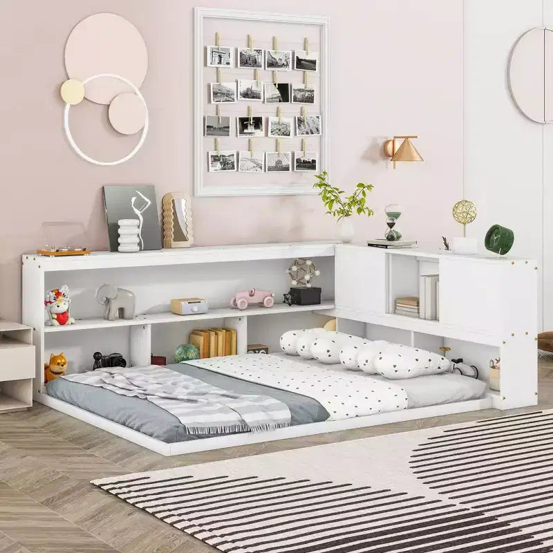 Cadre de lit plateforme pleine grandeur avec bibliothèques en L, lit au sol de rangement pour chambre d'enfant