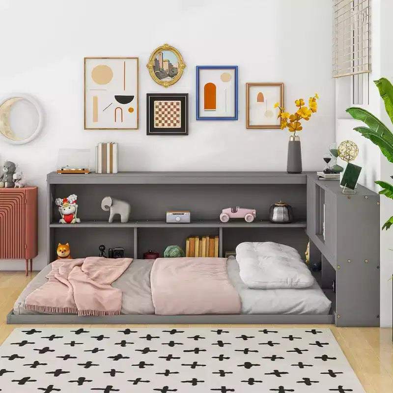 Okak Full Size Platform Bed Frame with L-shaped Bookcases,Storage Floor Bed for Kids Bedroom
