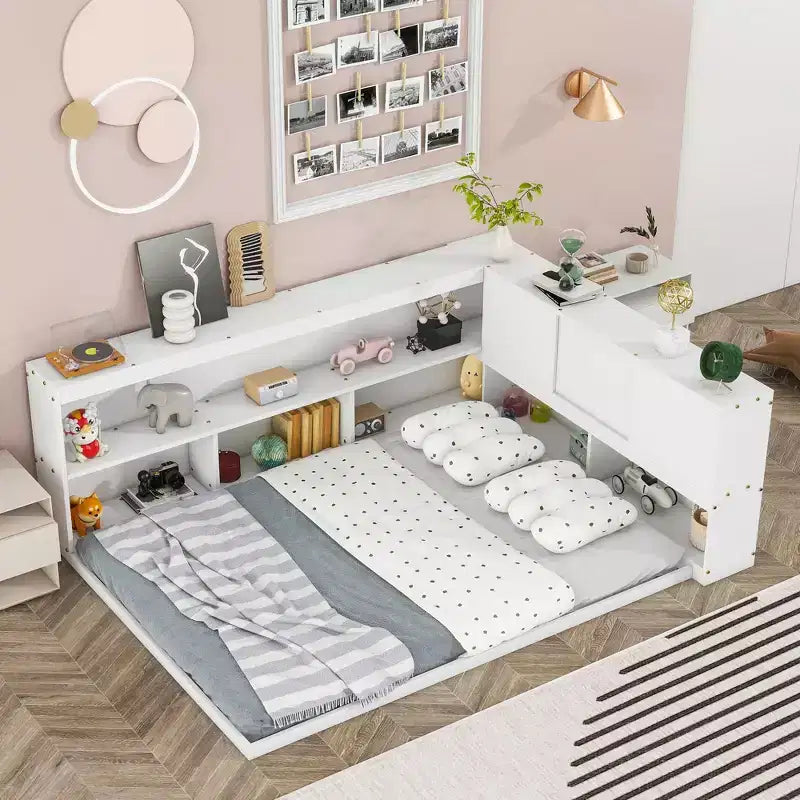 Cadre de lit plateforme pleine grandeur avec bibliothèques en L, lit au sol de rangement pour chambre d'enfant