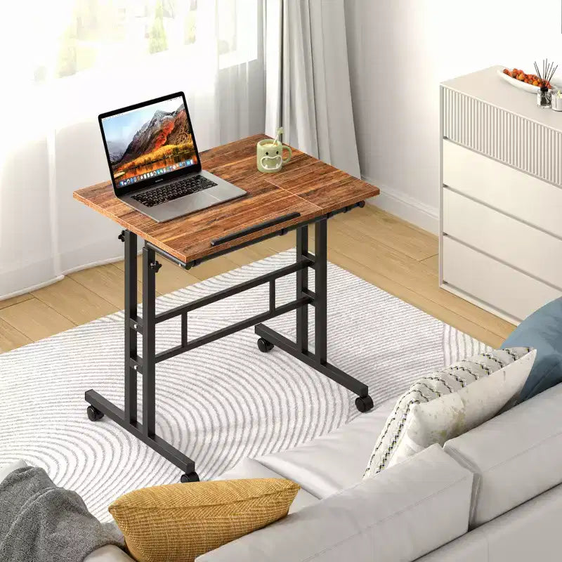 Bureau debout à hauteur réglable, postes de travail informatique avec plateau inclinable et roulettes verrouillables, bureau portable roulant pour ordinateur portable pour le bureau, marron