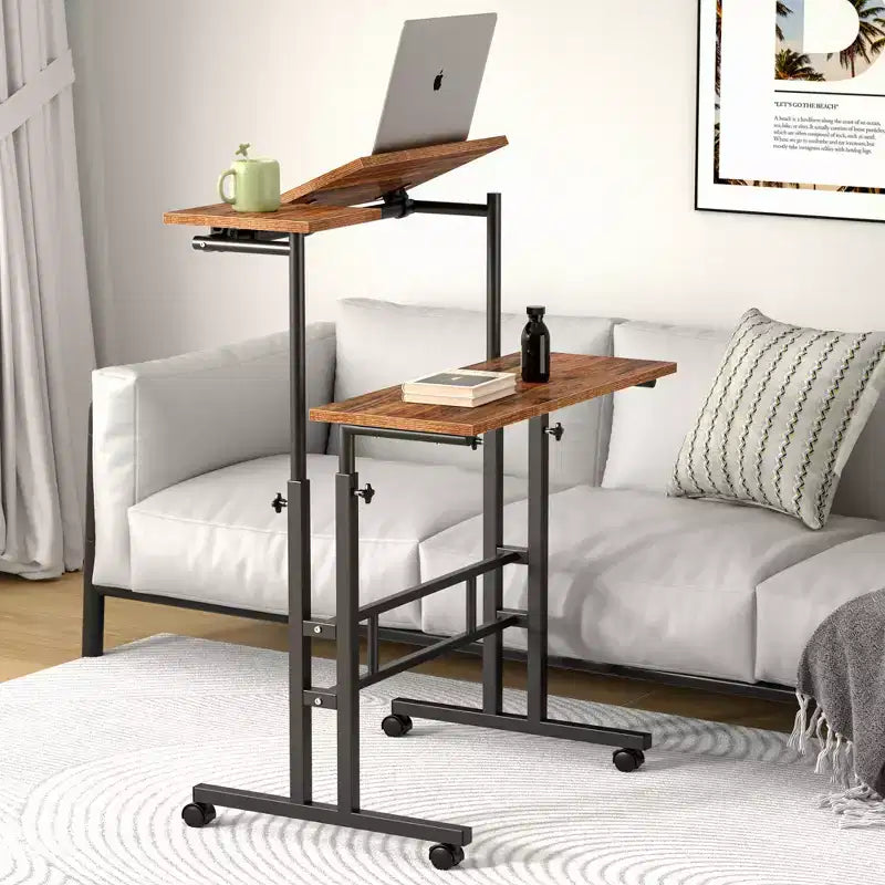 Bureau debout à hauteur réglable, postes de travail informatique avec plateau inclinable et roulettes verrouillables, bureau portable roulant pour ordinateur portable pour le bureau, marron