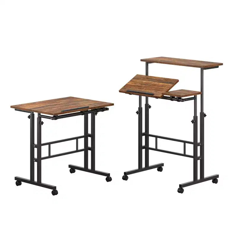 Bureau debout à hauteur réglable, postes de travail informatique avec plateau inclinable et roulettes verrouillables, bureau portable roulant pour ordinateur portable pour le bureau, marron