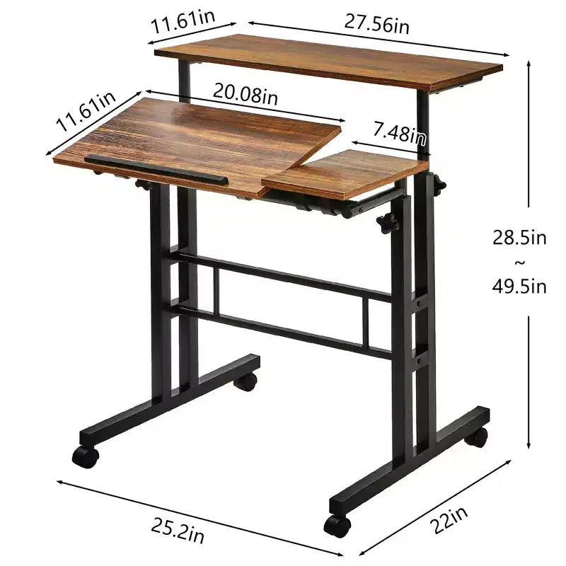 Bureau debout à hauteur réglable, postes de travail informatique avec plateau inclinable et roulettes verrouillables, bureau portable roulant pour ordinateur portable pour le bureau, marron