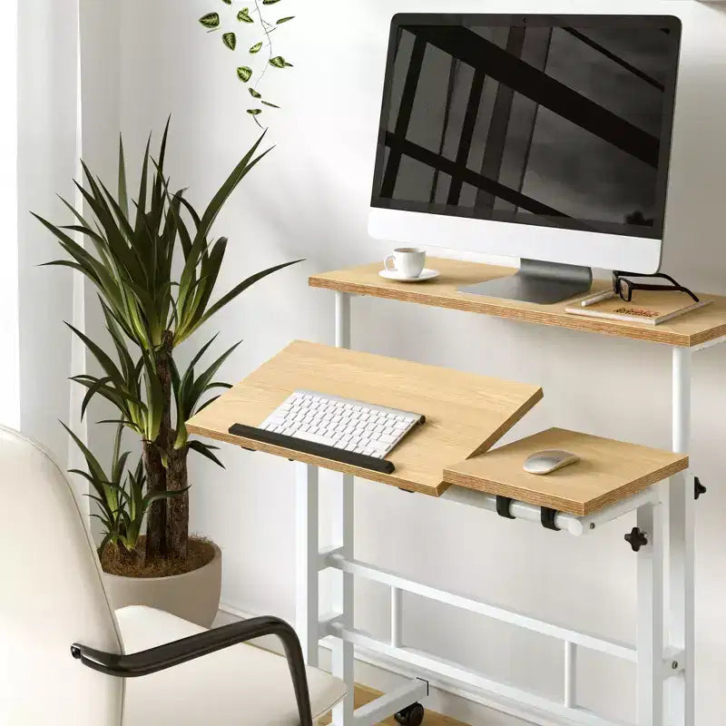 Bureau debout à hauteur réglable, postes de travail informatique avec plateau inclinable et roulettes verrouillables, bureau portable roulant pour ordinateur portable pour le bureau, marron