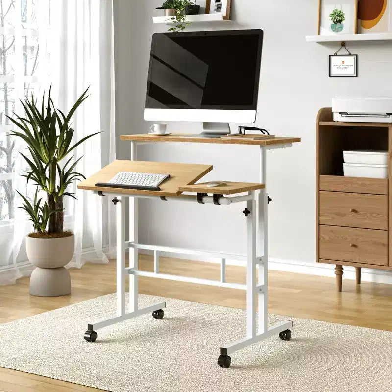 Bureau debout à hauteur réglable, postes de travail informatique avec plateau inclinable et roulettes verrouillables, bureau portable roulant pour ordinateur portable pour le bureau, marron