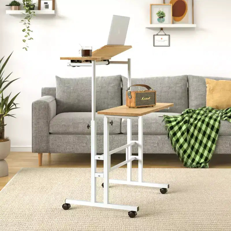Bureau debout à hauteur réglable, postes de travail informatique avec plateau inclinable et roulettes verrouillables, bureau portable roulant pour ordinateur portable pour le bureau, marron