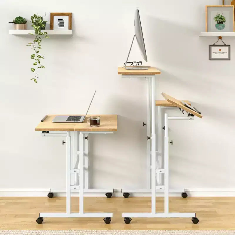 Bureau debout à hauteur réglable, postes de travail informatique avec plateau inclinable et roulettes verrouillables, bureau portable roulant pour ordinateur portable pour le bureau, marron
