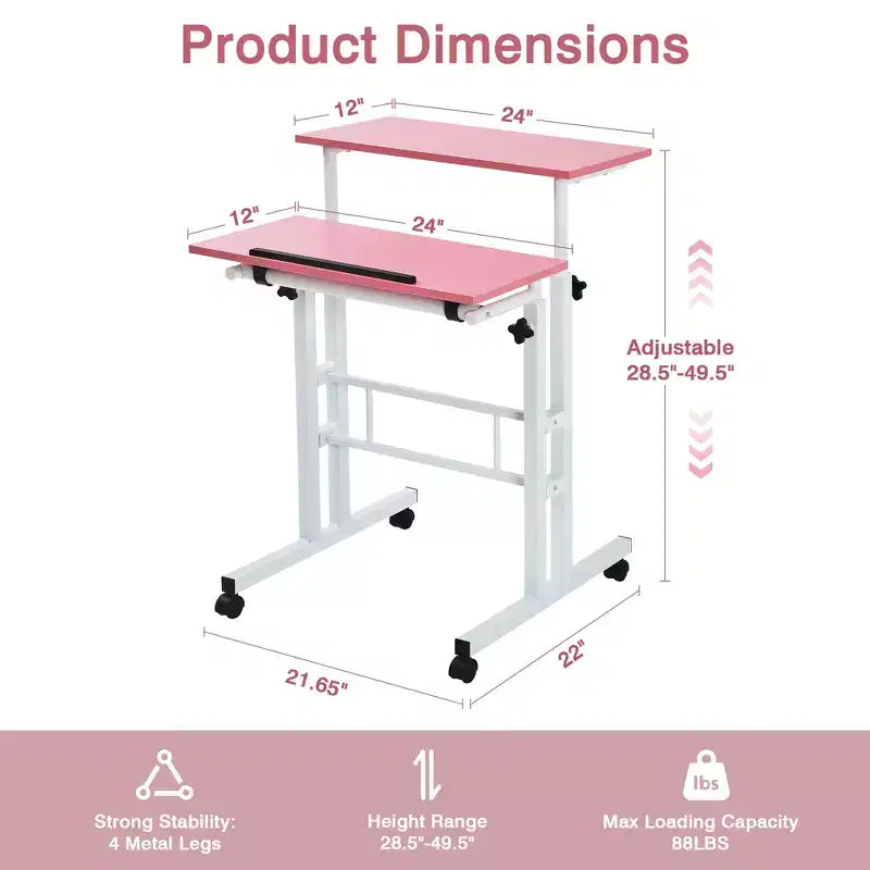 Bureau debout à hauteur réglable, postes de travail informatique avec plateau inclinable et roulettes verrouillables, bureau portable roulant pour ordinateur portable pour le bureau, marron