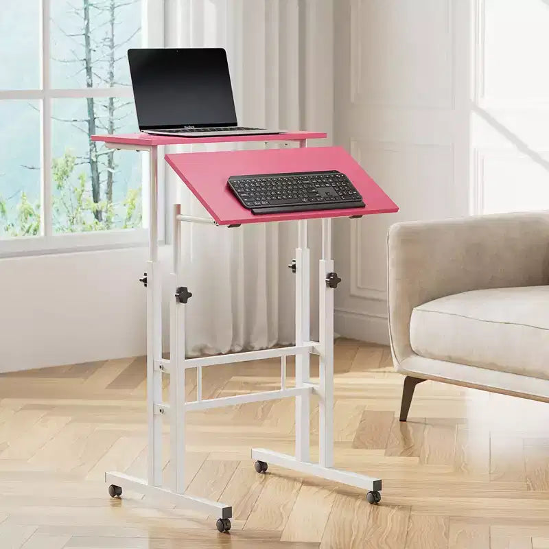 Bureau debout à hauteur réglable, postes de travail informatique avec plateau inclinable et roulettes verrouillables, bureau portable roulant pour ordinateur portable pour le bureau, marron